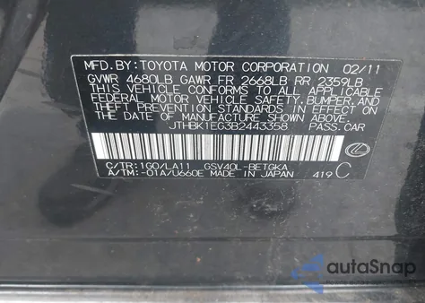 2011 Lexus Es 350 z USA, uszkodzony, nr VIN JTHBK1EG3B2443358